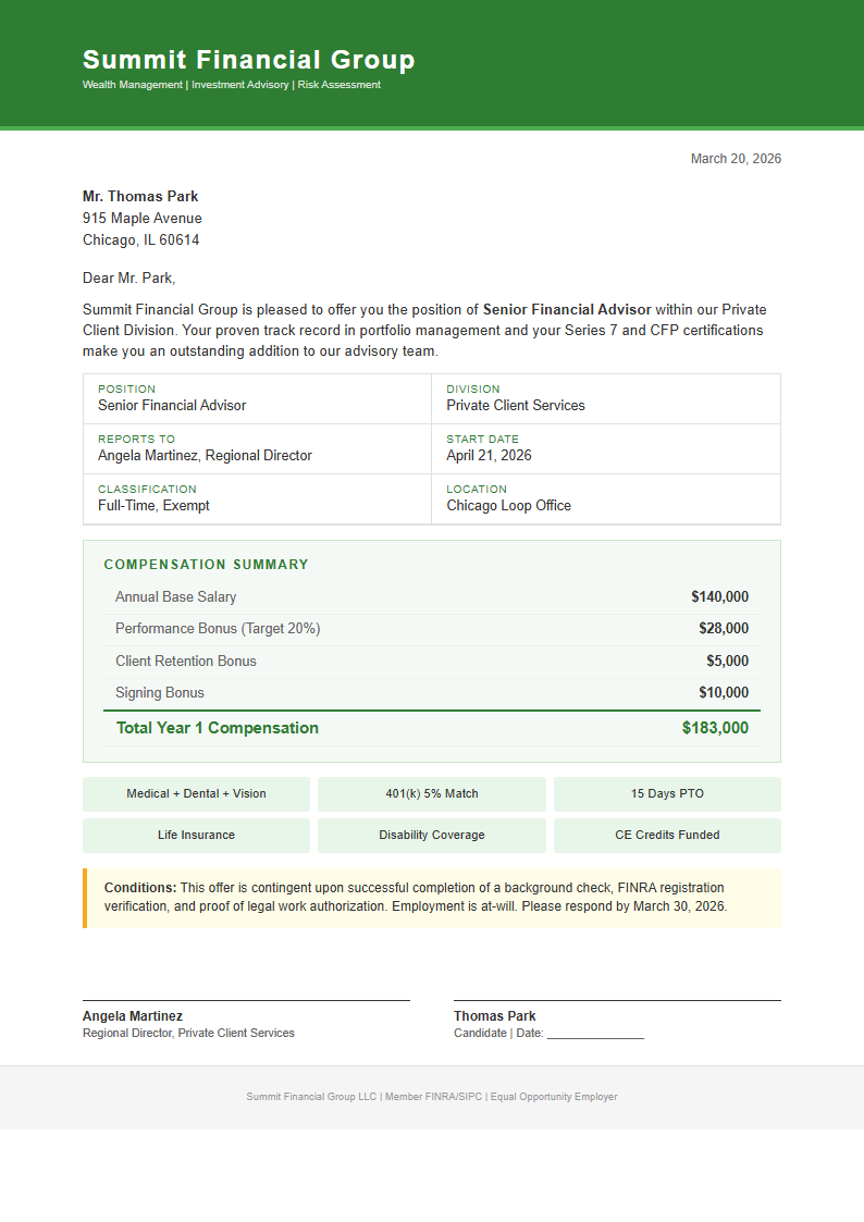 Financial corporate job offer letter